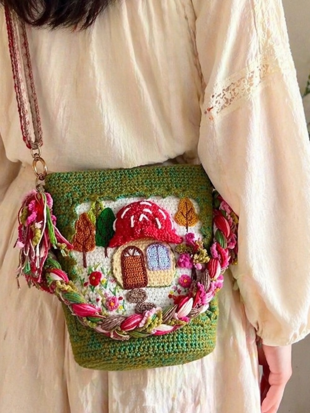 Handmade Crochet Mushroom House Crossbody / Shoulder Bag